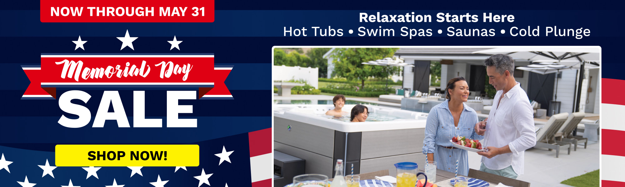 Memorial Day sale banner with red, white, and blue design and a poolside scene with a couple serving fruit.