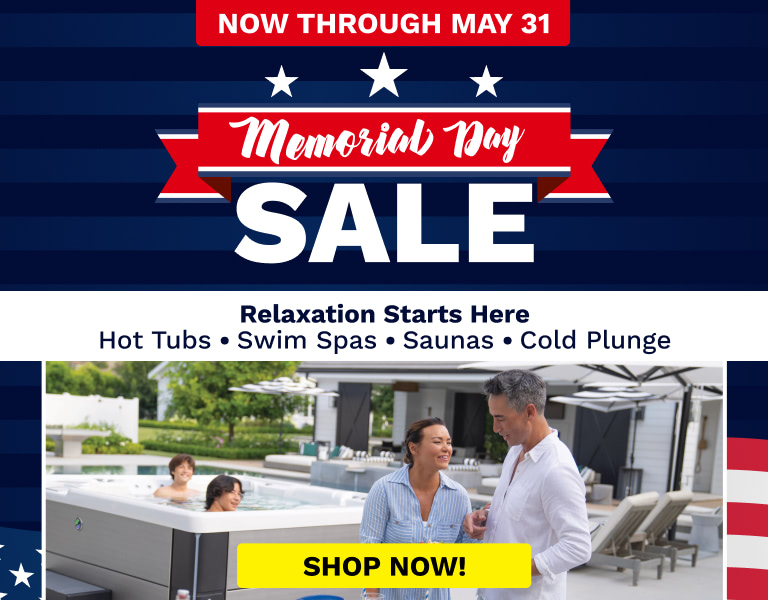 Memorial Day Sale banner with stars and red ribbons over a blue background, plus a photo of people by outdoor hot tubs and a yellow 'Shop Now' button.