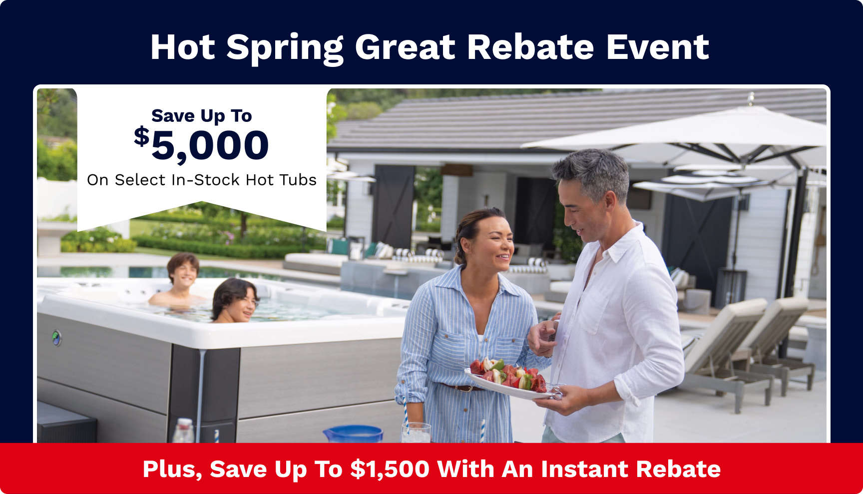 Promo banner: couple by a hot tub sharing food at a sunny outdoor scene; text shows savings up to $5,000 on select in-stock hot tubs.