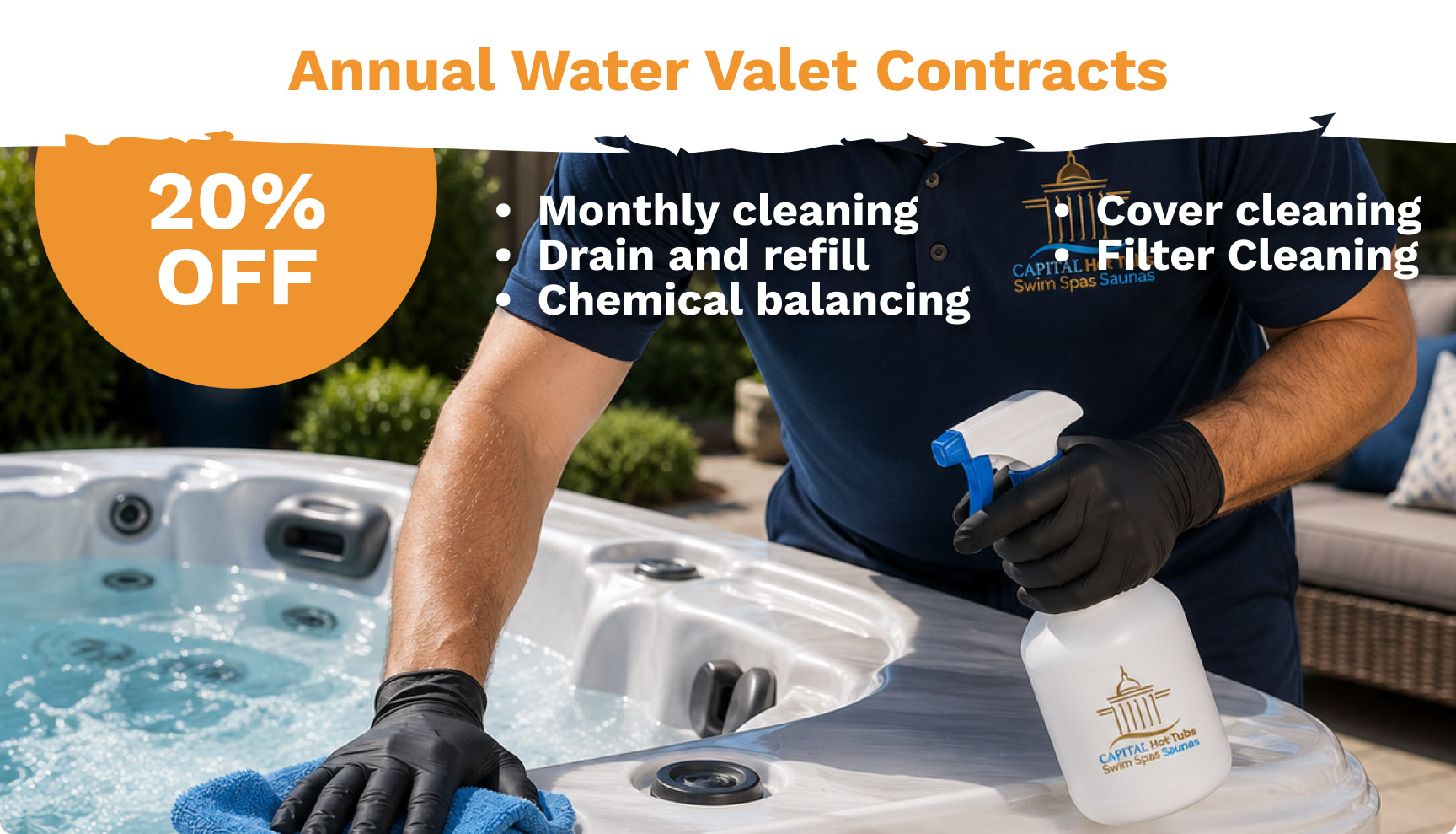 Technician in gloves sprays cleaner on a hot tub, with a bold 20% OFF orange badge and 'Annual Water Valet Contracts' header above (promo banner).
