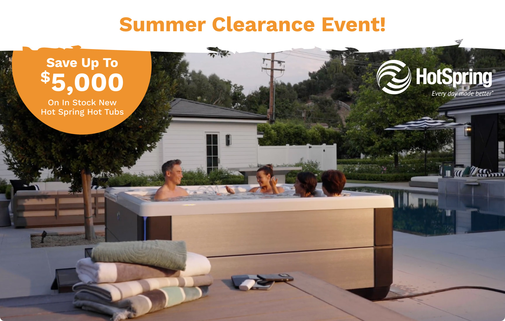Backyard scene with four people in a HotSpring hot tub; large orange savings badge and 'Summer Clearance Event' headline above.