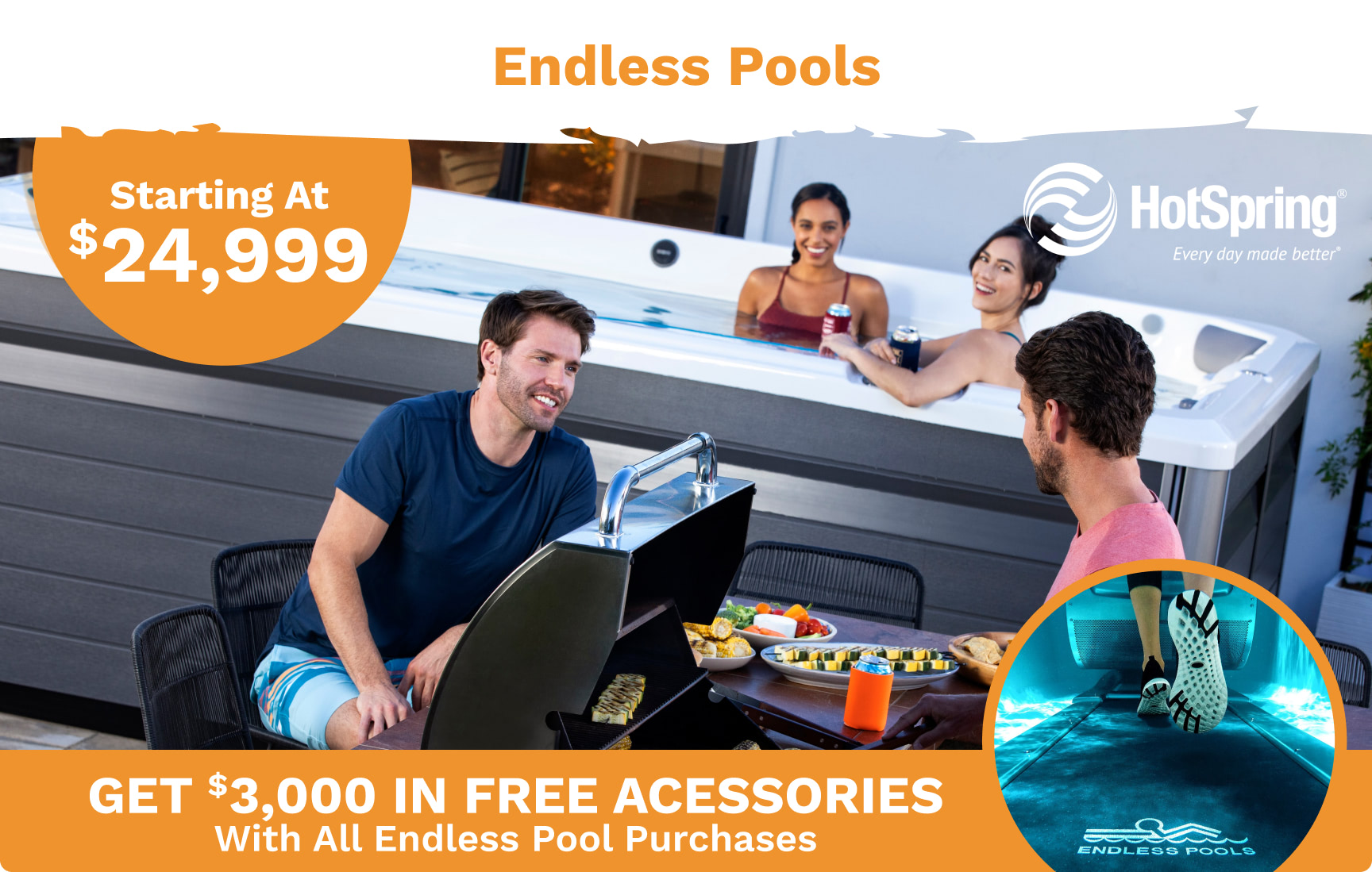 Outdoor hot tub promo image: people gathered around a tub with a bold orange 'Starting At $24,999' price tag and Endless Pools branding.