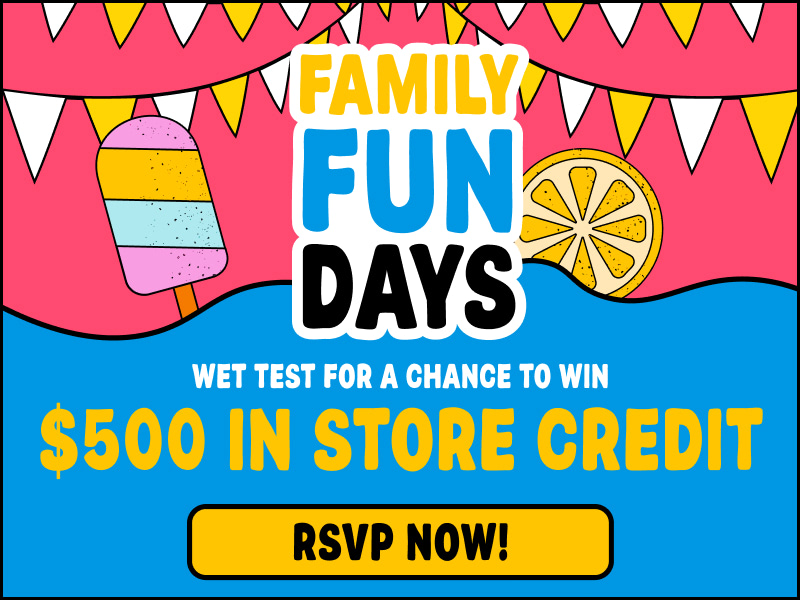 Colorful banner reading 'Family Fun Days' with ice cream and lemon graphics, promoting a chance to win $500 in store credit—RSVP now.